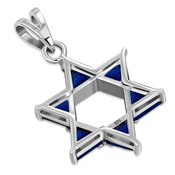 PENDANT, Sterling Silver Star of David with 6 Sapphire CZ gems Large - Picture 2 of 5